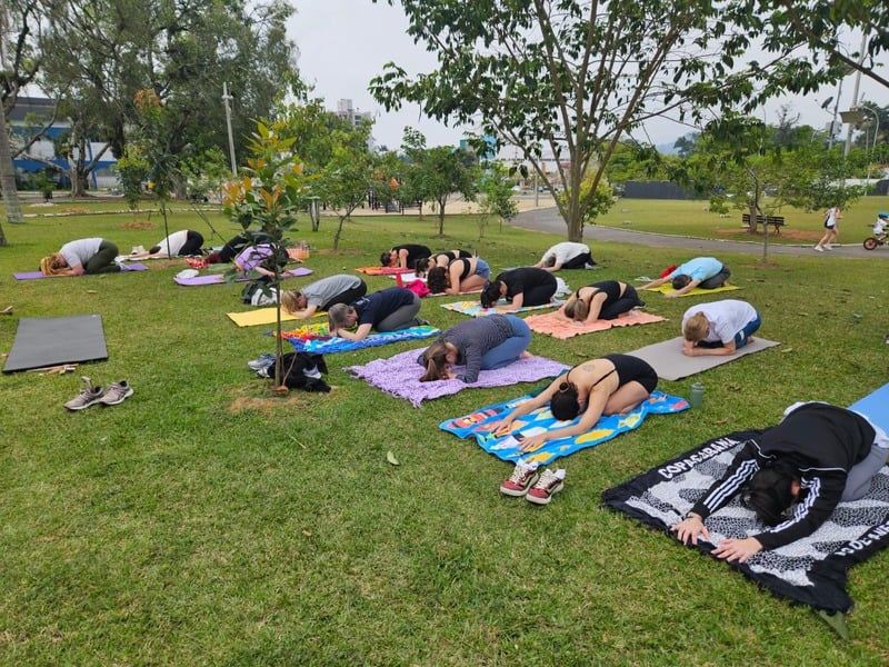 Praticantes de yoga sobre tapetes em um parque arborizado